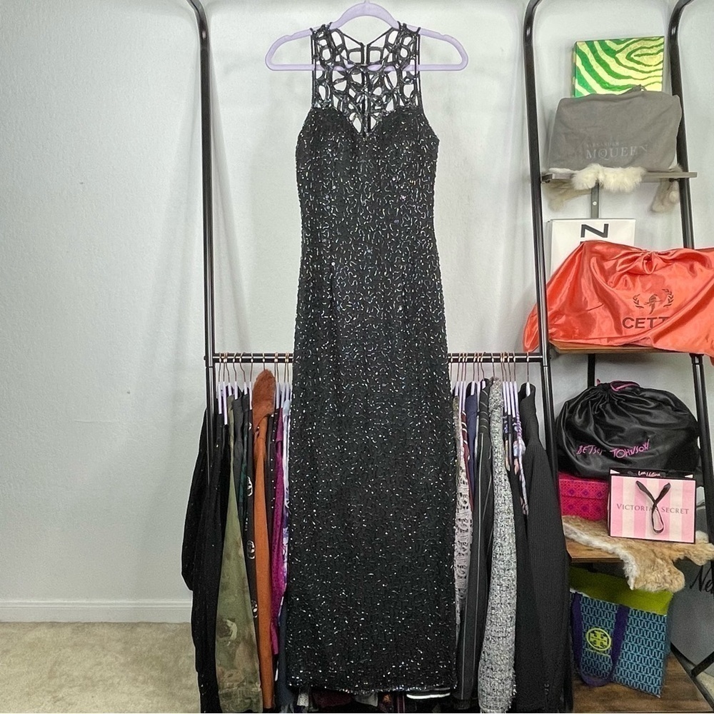 Vintage 90’s Sean Collection Black 100% Silk Beaded Cage Dress - Picture 2 of 14